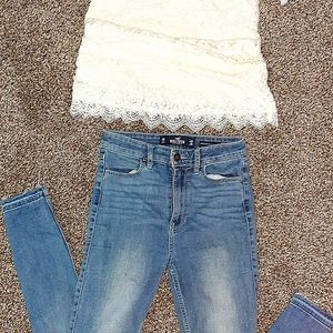 Hollister jeans and off shoulder beige top